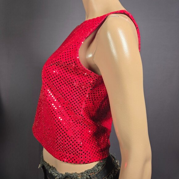 Vintage 90s Red Sequin Shimmer Top Size M Sleeveless Party Going Out Rave - Picture 2 of 5